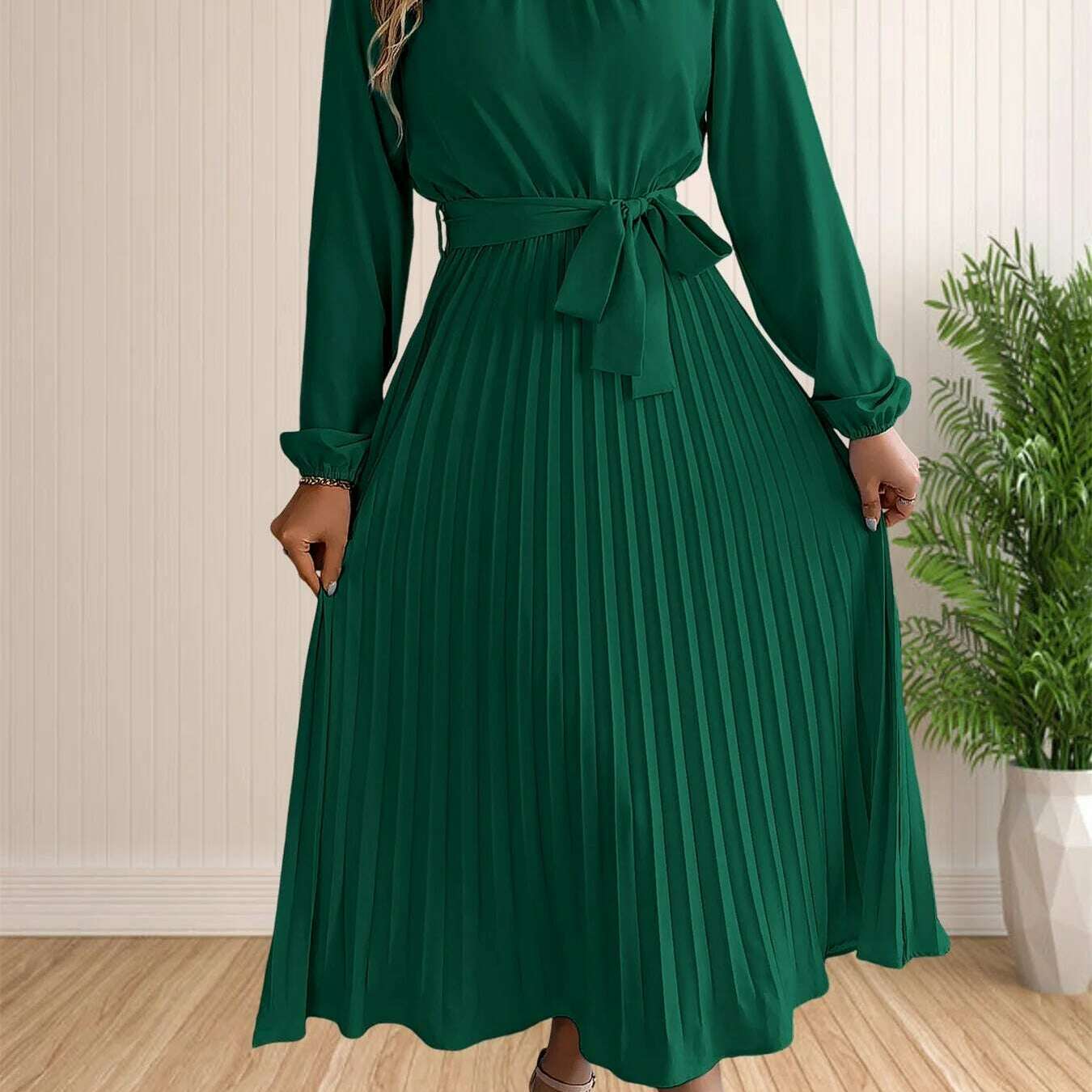 Elegant Pleated Lace-Up Long Sleeve A-Line Sundress