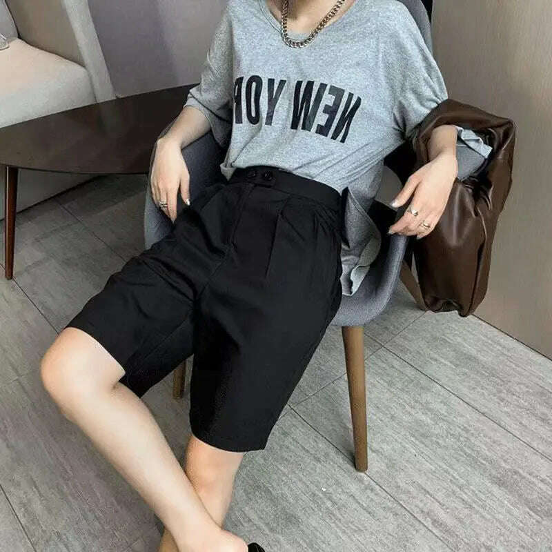 Korean Office Suits Shorts – High Waist, Double-Button, Knee-Length