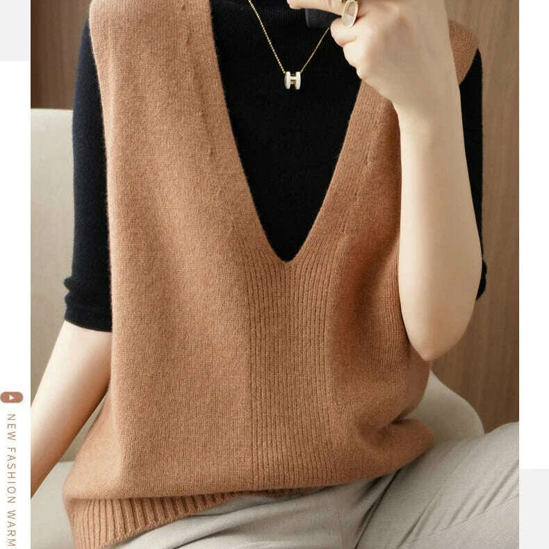 Autumn Knit V-Neck Vest – Loose, Solid, Stylish Layering - D&M Boutique