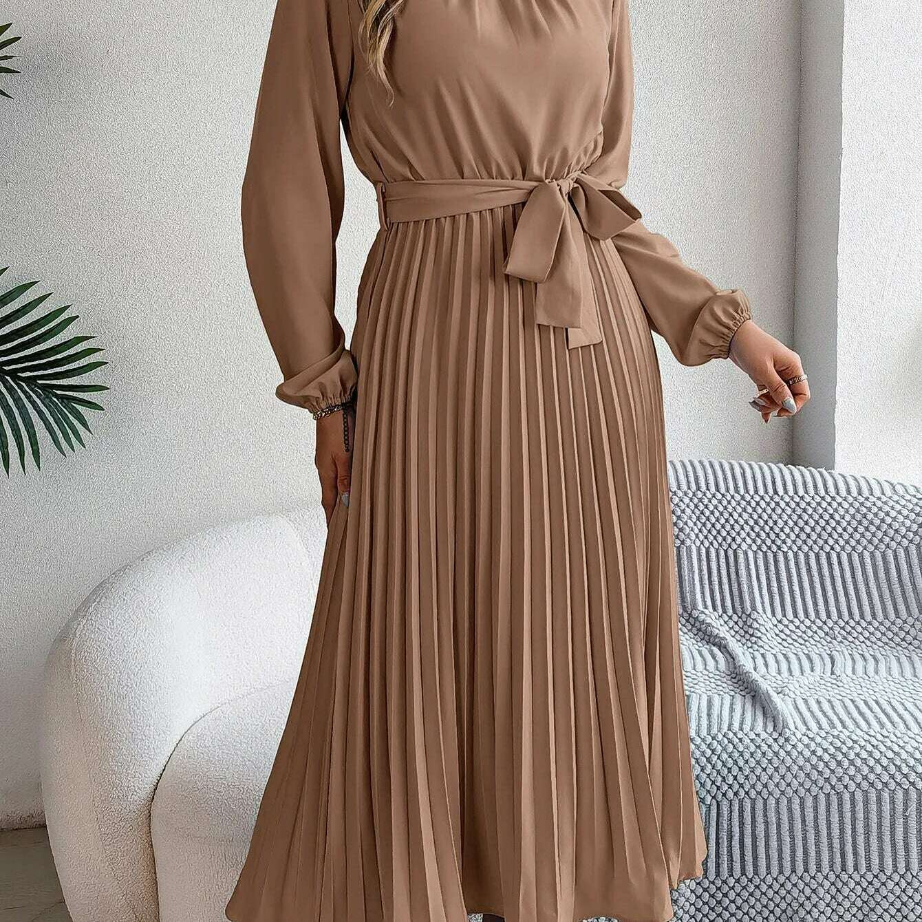Autumn & Winter Pleated Stand-Up Collar Midi Dress