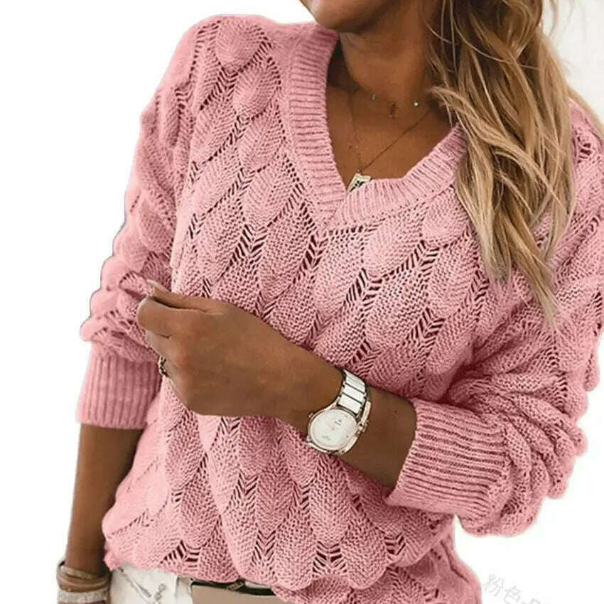 Fashion Women's V-Neck Pullover: Hollow Out, Casual Sweater Top - D&M Boutique