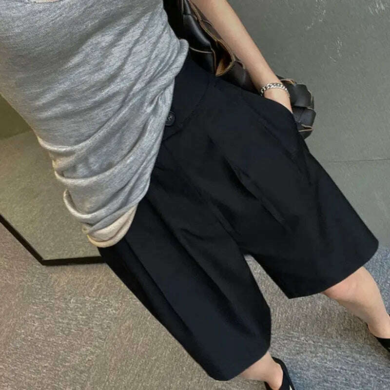 Korean Office Suits Shorts – High Waist, Double-Button, Knee-Length