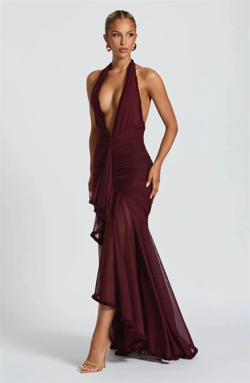 Mozision Elegant Halter Deep V Neck Sexy Maxi Dress Women Fashion Sleeveless Backless Ruched Evening Club Party Long Dress