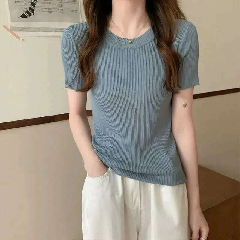 Knit Slim Short Sleeve T-Shirt: White/Green Crop Top - D&M Boutique