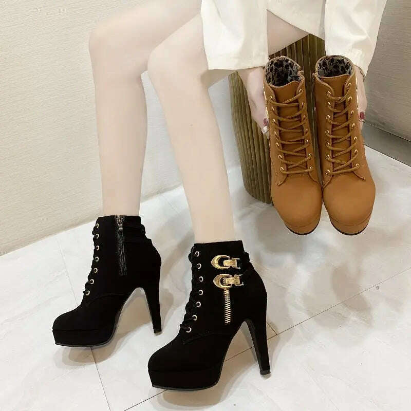 Chunky Heeled Ankle Boots - Metal Decor, Lace-Up Platform