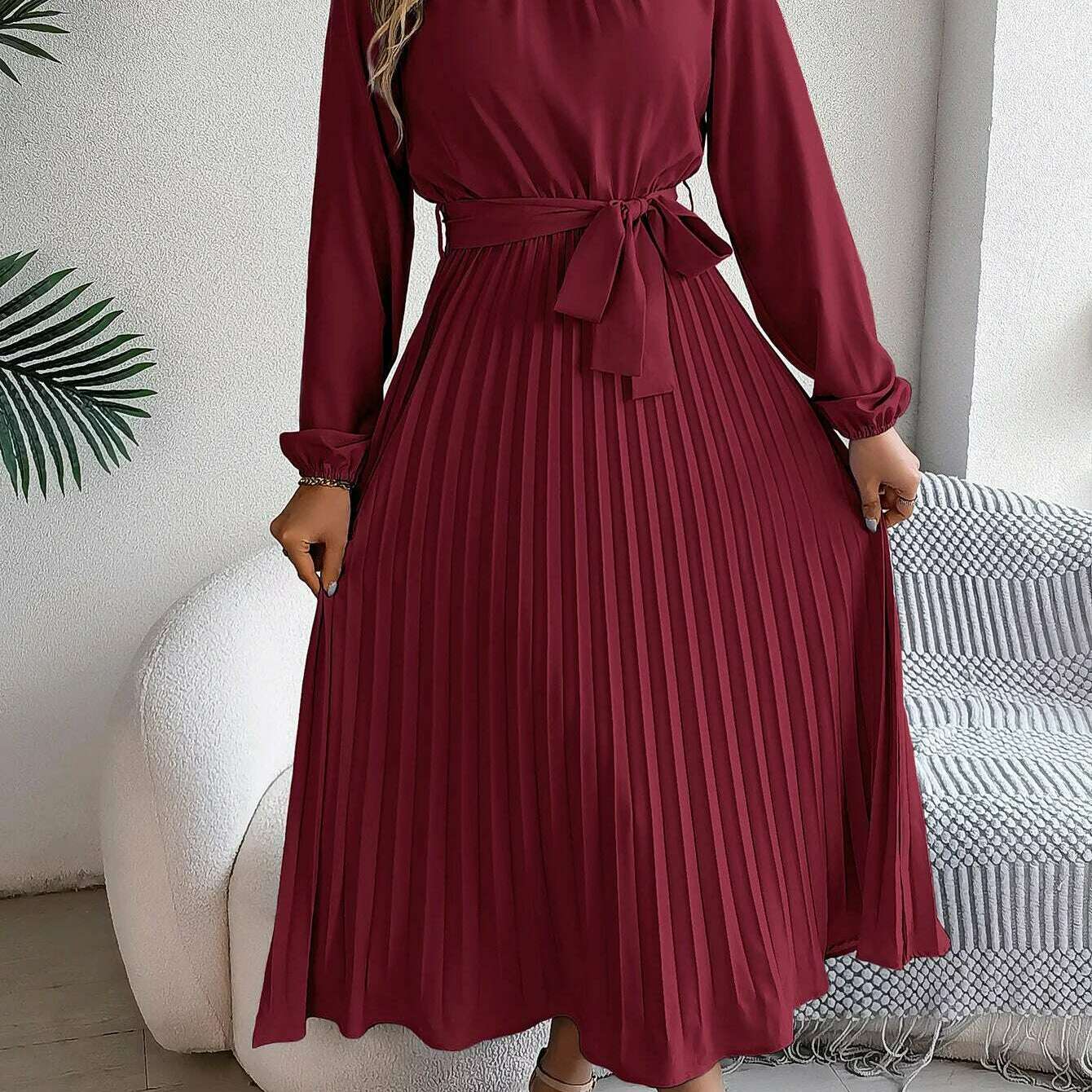 Autumn & Winter Pleated Stand-Up Collar Midi Dress
