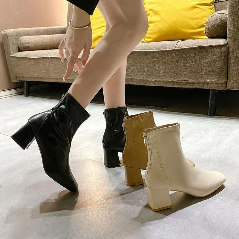 Casual Women's Thick Heel Medium Heel Boots Women's 2024 New Winter Square Toe Back Zipper Heightening Short Boots