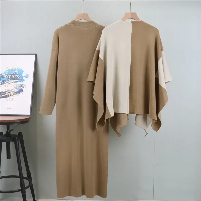 Elegant Knitted Two-Piece Set: Color Block Shawl & Dress - D&M Boutique