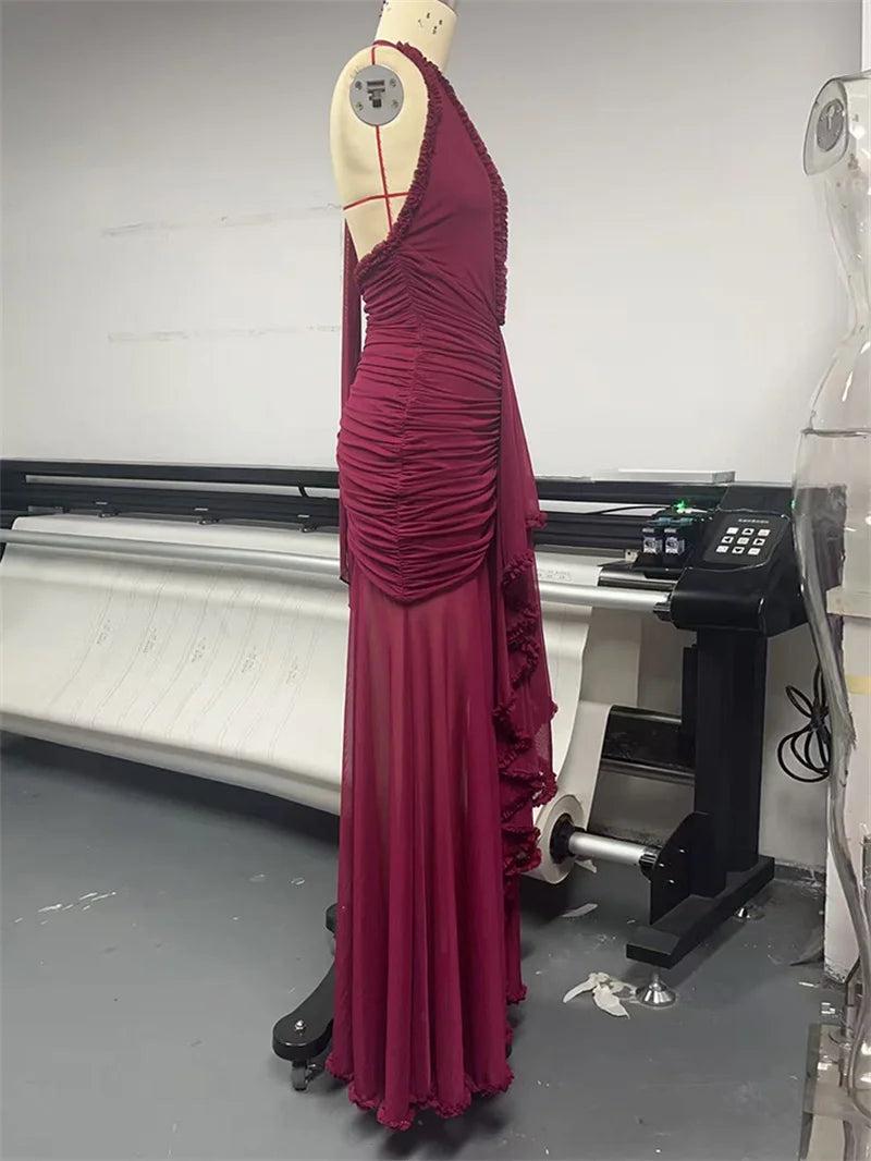 Mozision Elegant Halter Deep V Neck Sexy Maxi Dress Women Fashion Sleeveless Backless Ruched Evening Club Party Long Dress