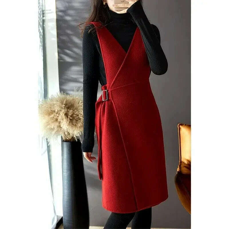 Women's V-neck Retro Woolen High-Waisted Sleeveless Dress