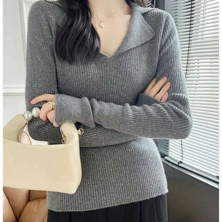 European Cargo Wool Sweater: Slim Knit, V-Lapel, Autumn/Winter Top - D&M Boutique