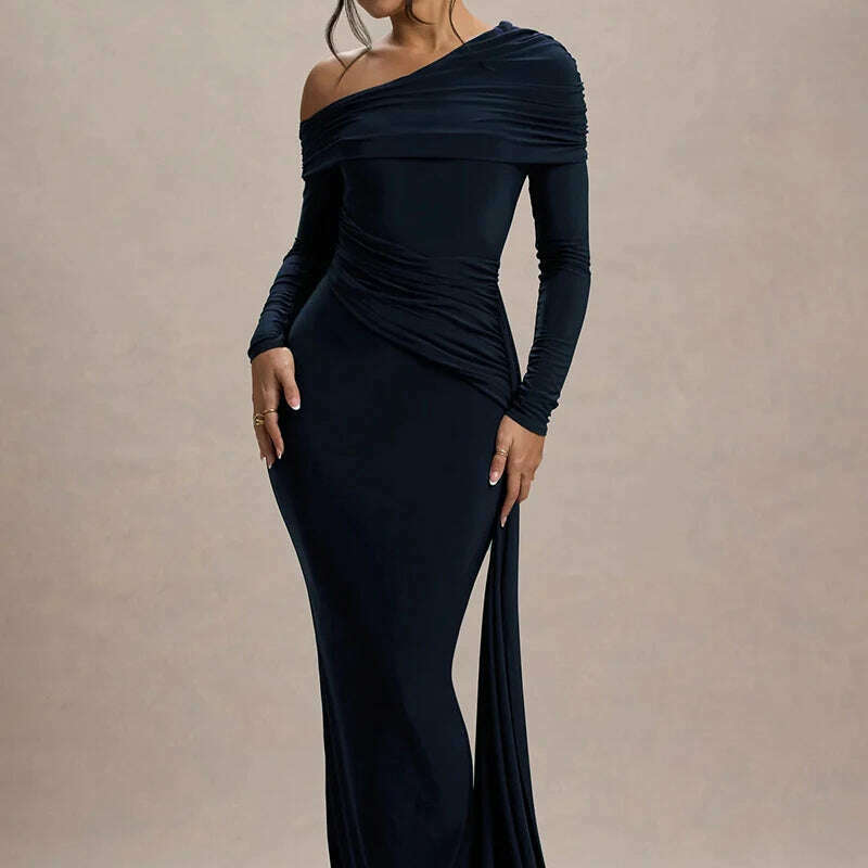 Mozision Skew Collar Long Sleeve Maxi Dress