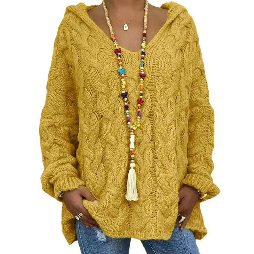 Hooded V-Neck Twist Knitted Hoodie: Autumn/Winter Loose Sweater - D&M Boutique