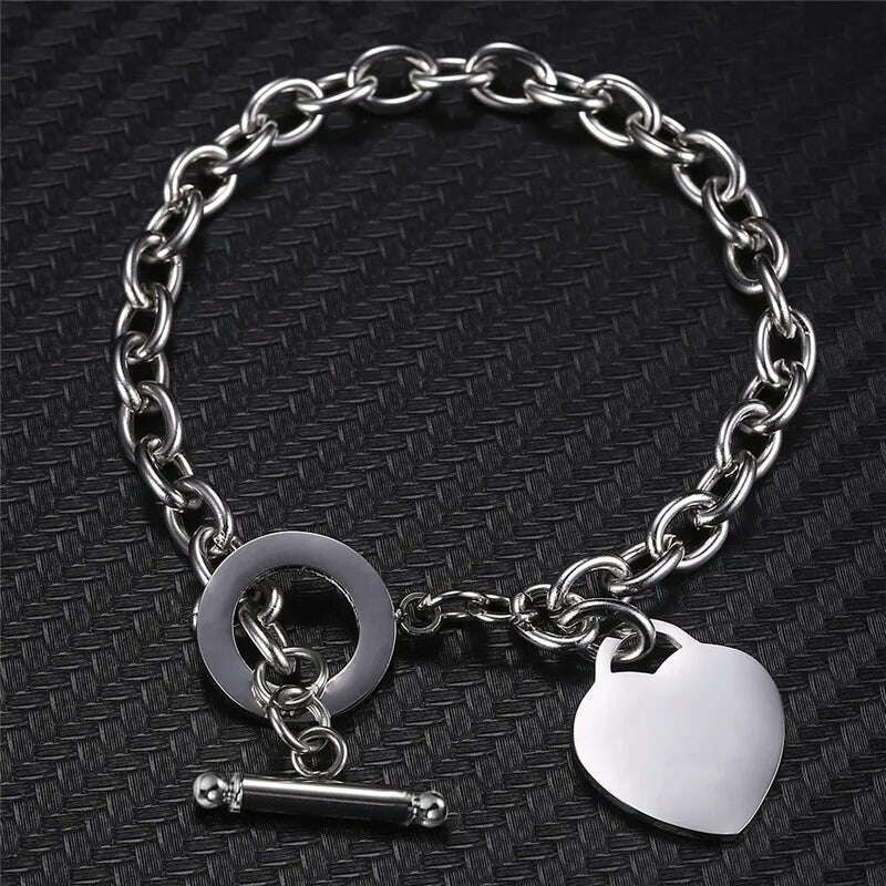 Classic Stainless Steel Toggle Bracelets Thick Chain Love Heart Charm Bracelet For Women Girls New Bracelets Trendy Jewelry