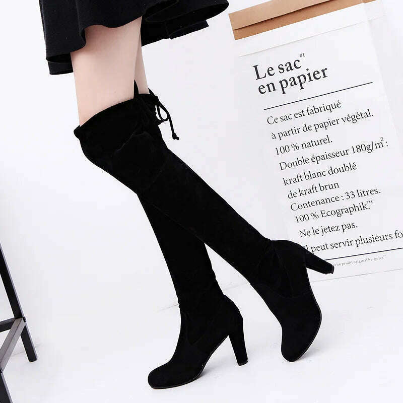 LINLING Faux Suede Over-the-Knee Lace-Up Boots