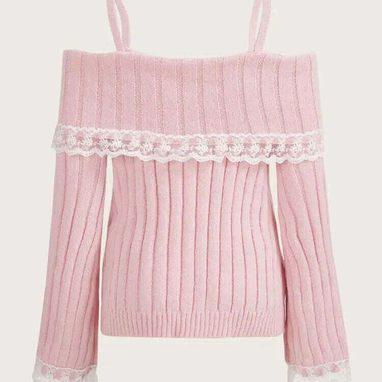 Grunge Off-Shoulder Knit Sweater: Pink, Bow Lace Y2K Jumper - D&M Boutique