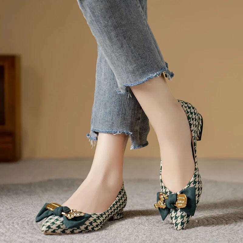 2024 Slip-On Flats - Pointed Toe, Houndstooth & Butterfly Knot