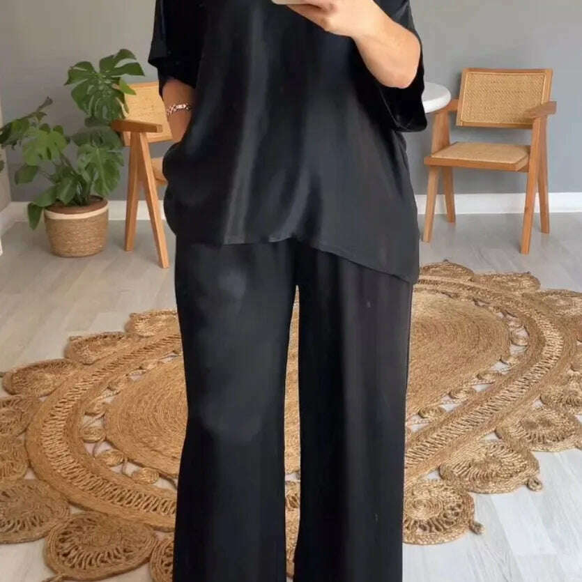 Elegant Women's Summer Satin V-neck Top & High-Waisted Pants Set