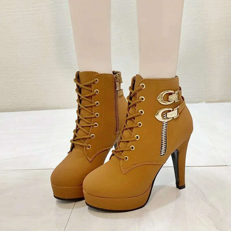 Chunky Heeled Ankle Boots - Metal Decor, Lace-Up Platform