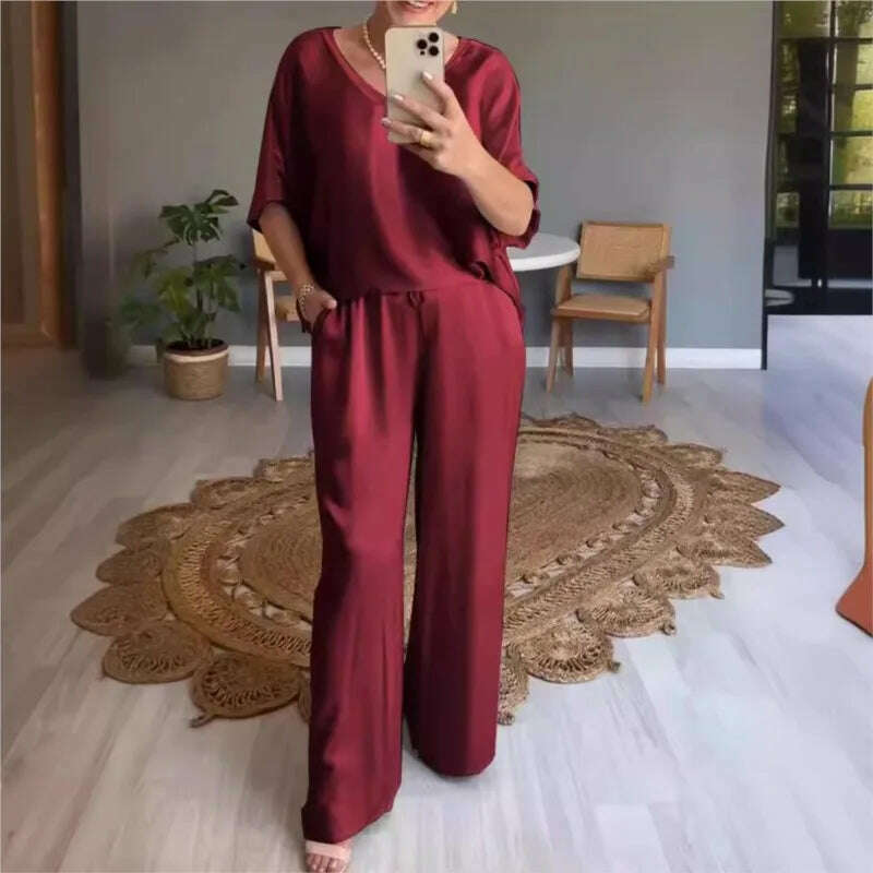 Elegant Women's Summer Satin V-neck Top & High-Waisted Pants Set