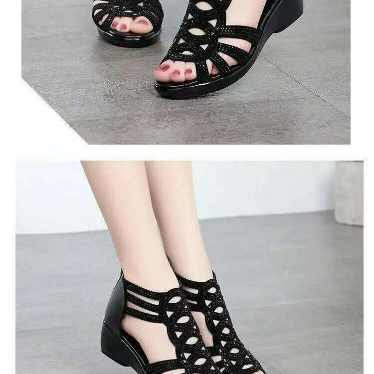 Soft Leather Roman Sandals - Chunky Heel Wedge Shoes