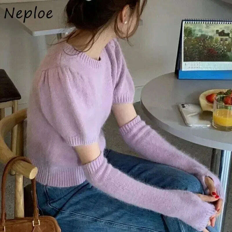 Neploe Korean Office Sweater: O-Neck, Short Sleeve, Solid Color Pullover - D&M Boutique