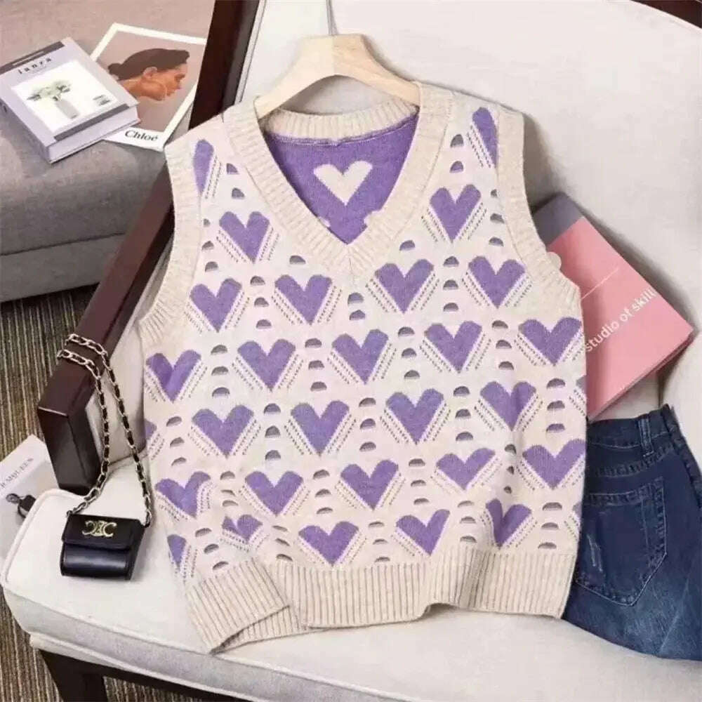 Fashion Love Heart Knitted Vest: V-Neck, Sleeveless, Casual Sweater - D&M Boutique