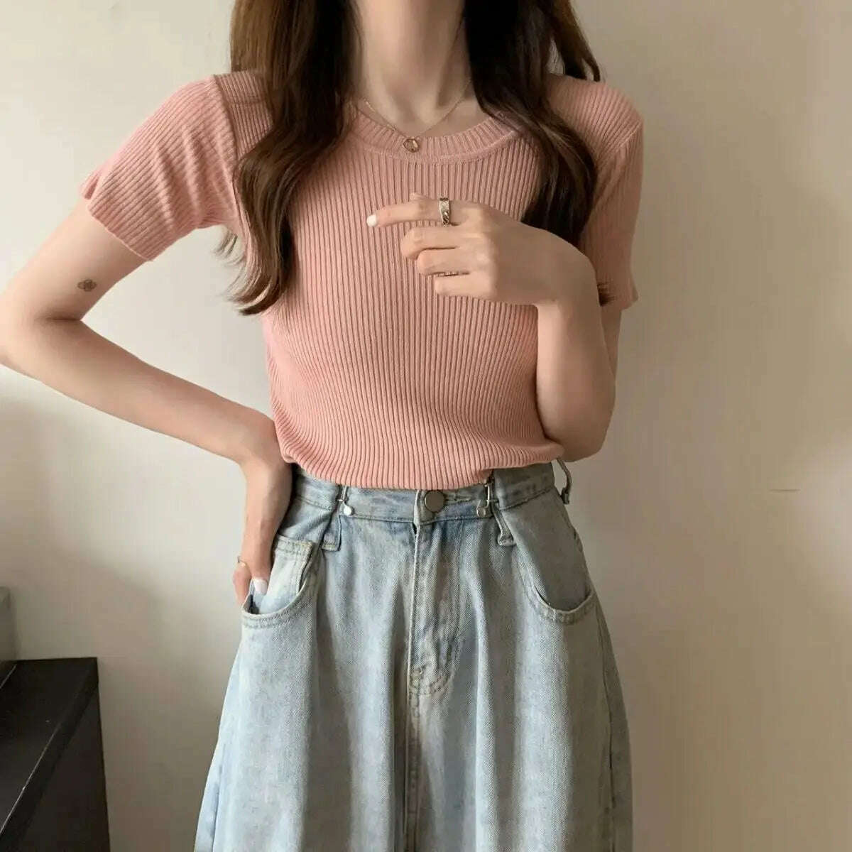 Knit Slim Short Sleeve T-Shirt: White/Green Crop Top - D&M Boutique