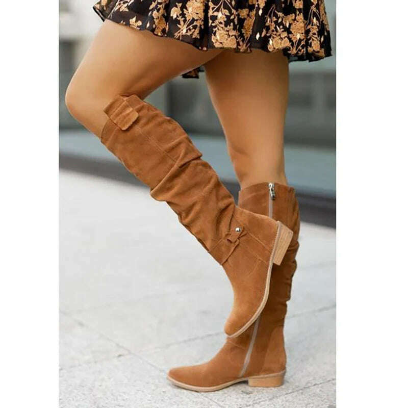 Women’s Retro Knee-High Boots – Low Heel & Zipper