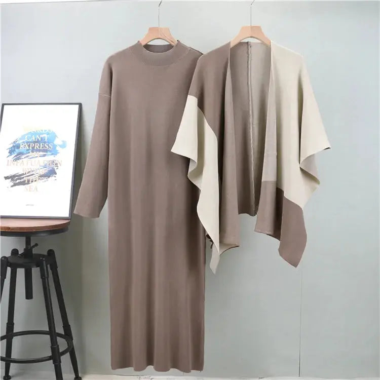 Elegant Knitted Two-Piece Set: Color Block Shawl & Dress - D&M Boutique