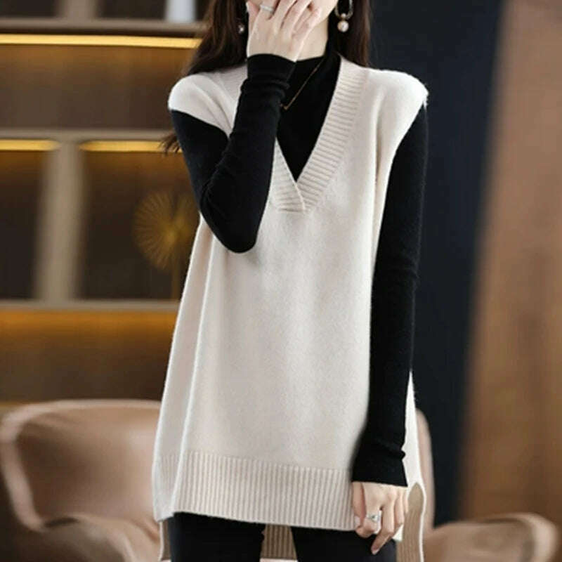 Autumn Cashmere Vest – V-Neck, Sleeveless, Loose Knit Style - D&M Boutique