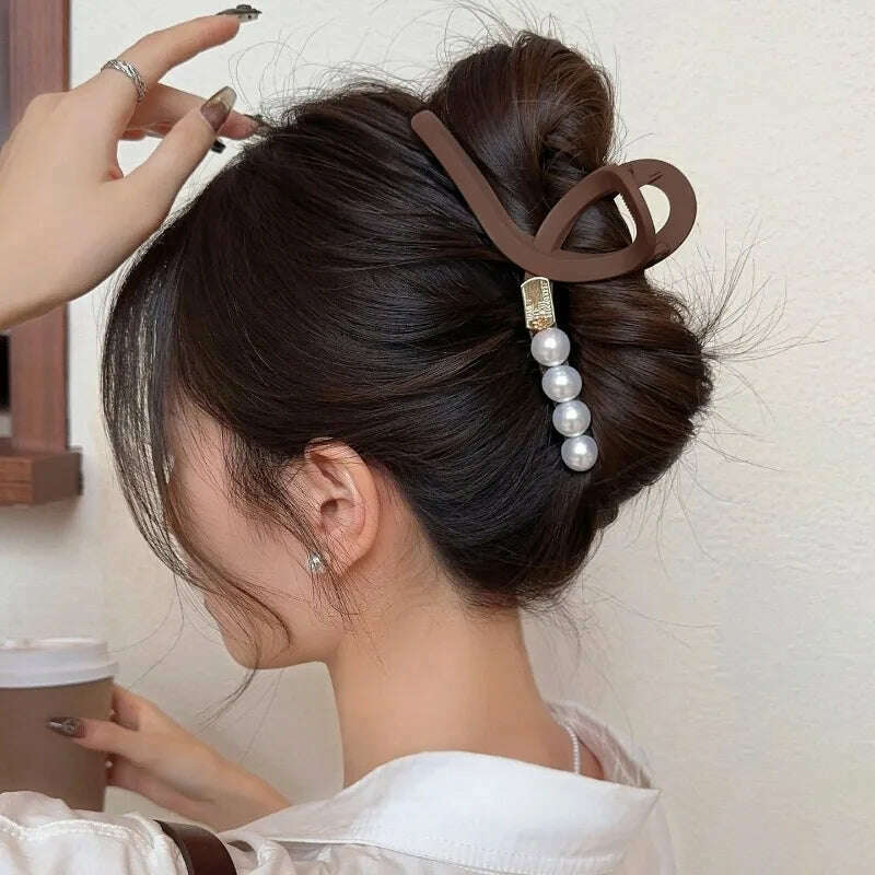 13cm Black Frosted Shark Hair Claw Clip with Pearl Detail