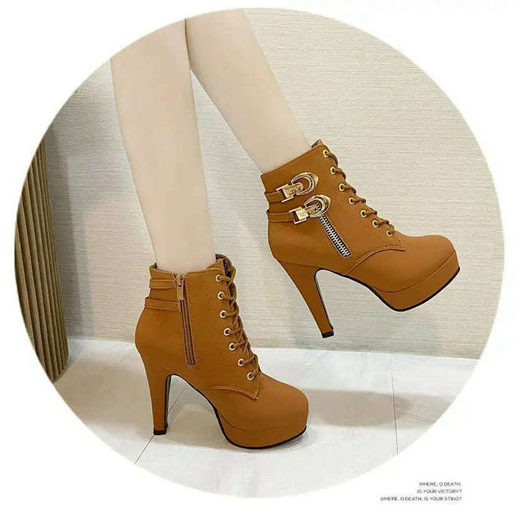 Chunky Heeled Ankle Boots - Metal Decor, Lace-Up Platform