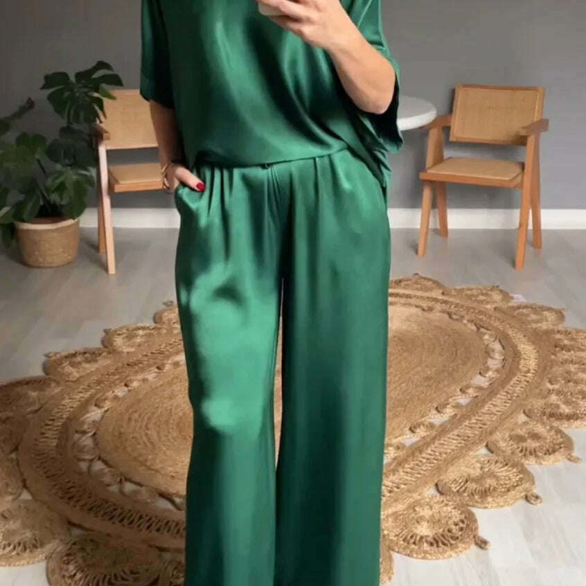 Elegant Women's Summer Satin V-neck Top & High-Waisted Pants Set