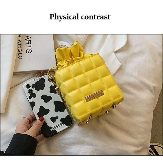 Trendy Checker Drawstring Crossbody Bag with Chain Strap