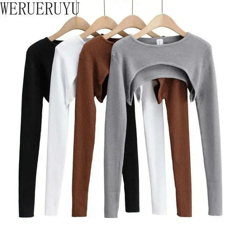 Long Sleeve Crop Top: Y2K Aesthetic, O-Neck, Knitted T-shirt