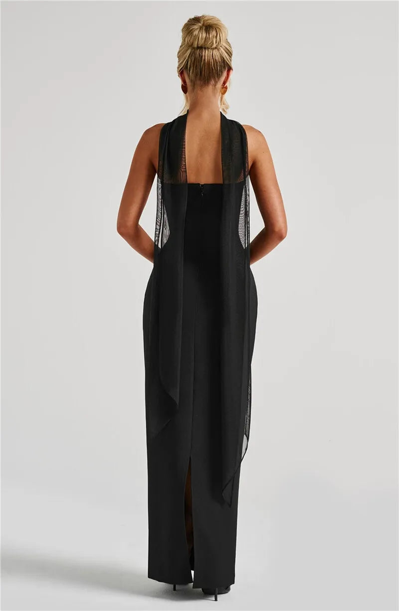 Mozision Scarf Collar Strapless Sexy Maxi Dress For Women Fashion Off-shoulder Backless Bodycon Club Party Long Dress Elegant