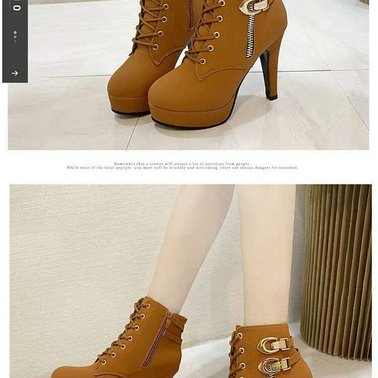 Chunky Heeled Ankle Boots - Metal Decor, Lace-Up Platform