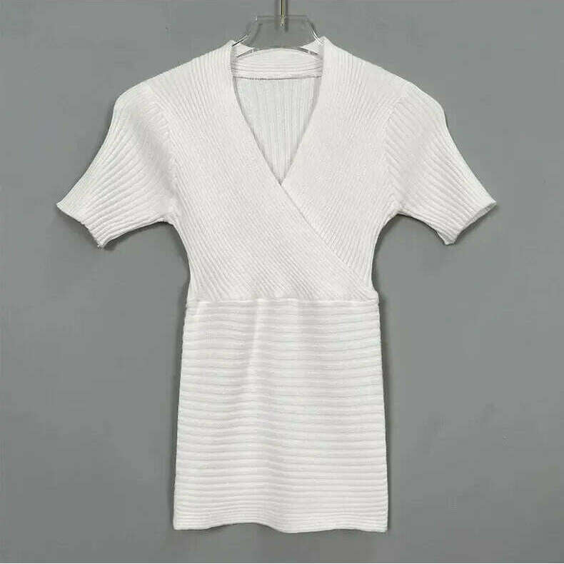 Deep V Knitted T-Shirt: Women's Summer Korean Fashion Tee - D&M Boutique