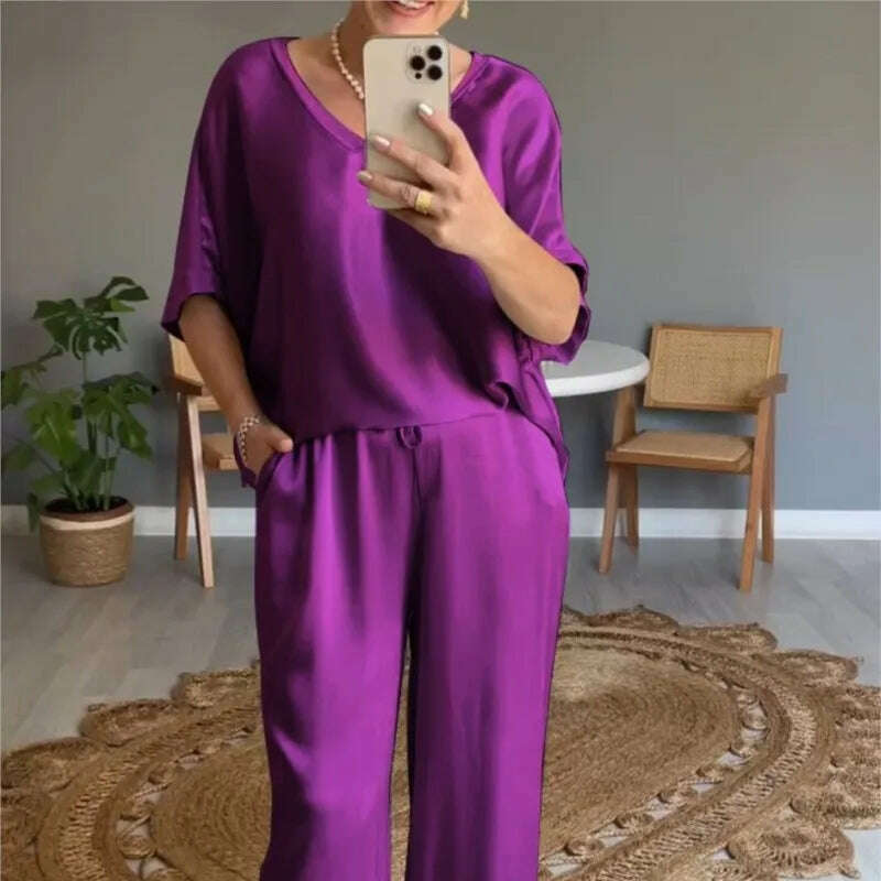Elegant Women's Summer Satin V-neck Top & High-Waisted Pants Set