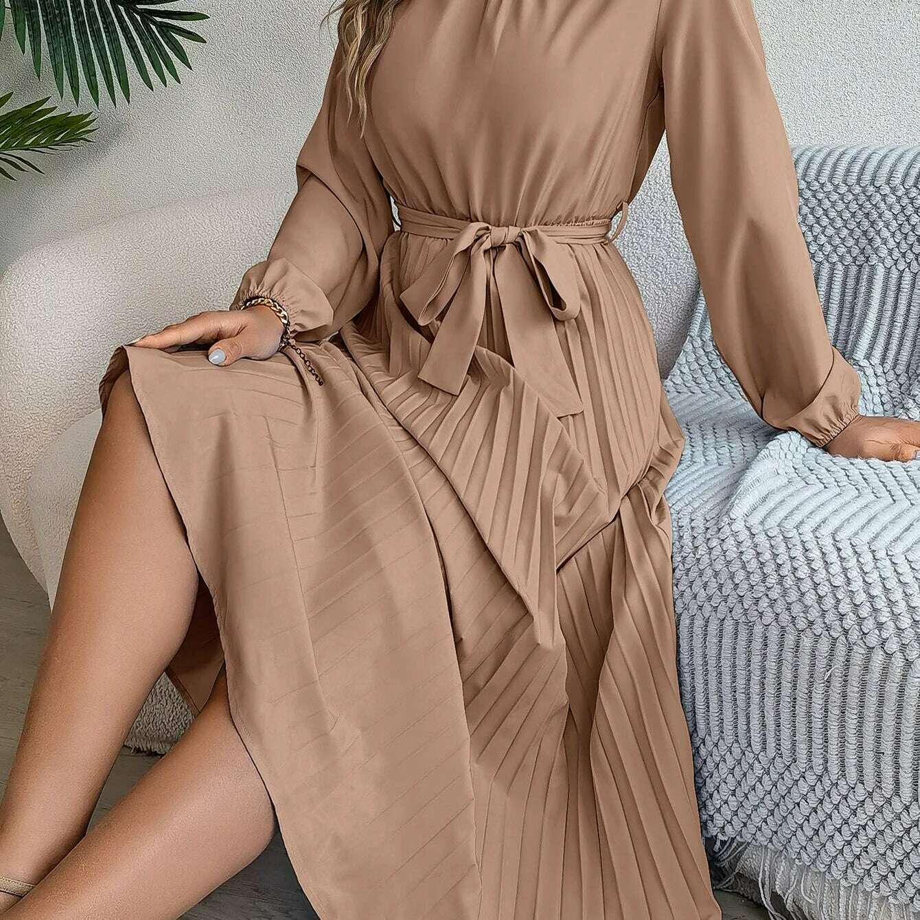 Autumn & Winter Pleated Stand-Up Collar Midi Dress