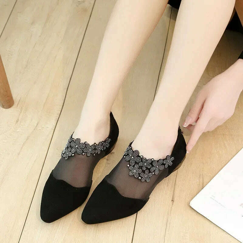 2024 Summer Black Lace Rhinestone Sandals - Low Heel & Floral