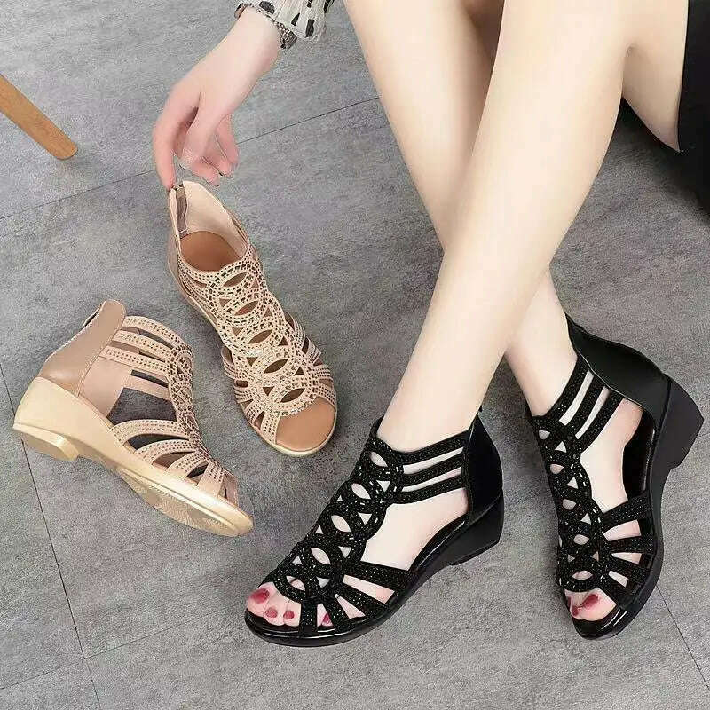 Soft Leather Roman Sandals - Chunky Heel Wedge Shoes