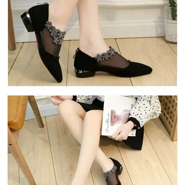2024 Summer Black Lace Rhinestone Sandals - Low Heel & Floral