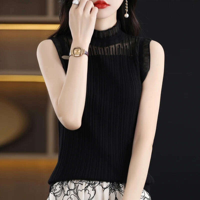 Ruffled Lace Tank – High Collar, Sleeveless Korean Chic - D&M Boutique