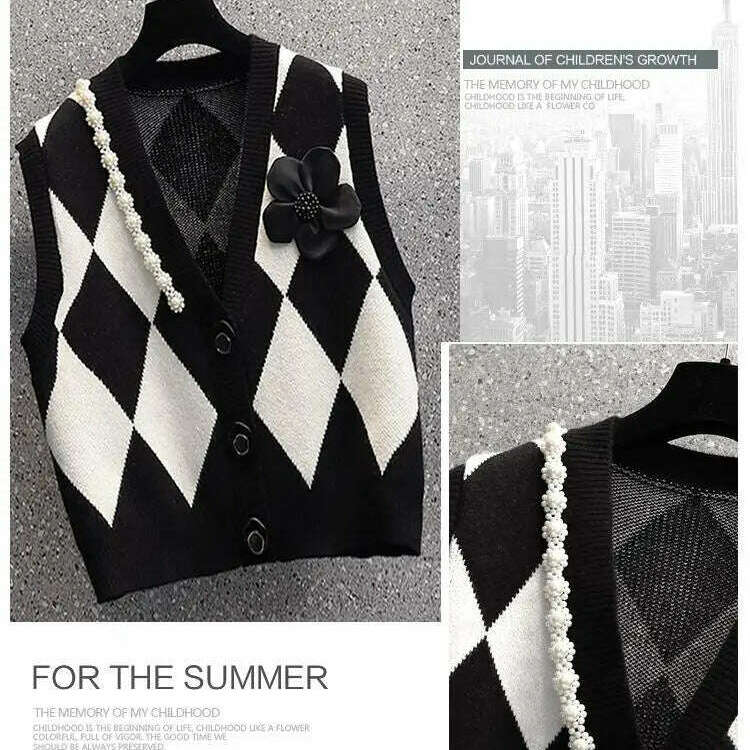 2024 Beaded V-Neck Diamond Plaid Cardigan Vest for Women - D&M Boutique