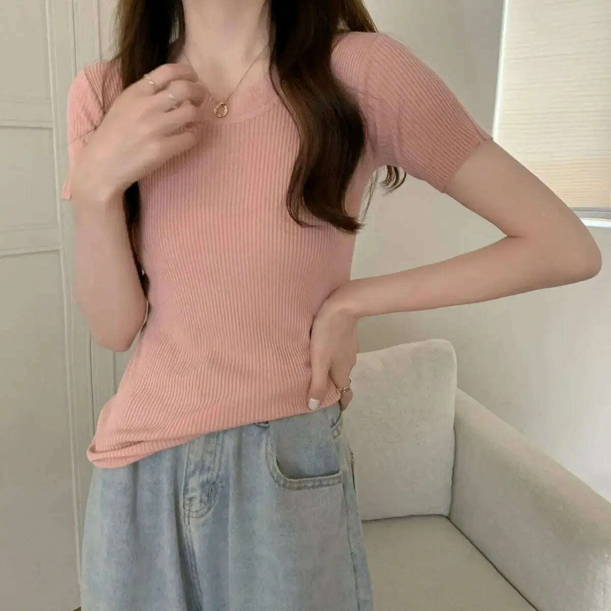 Knit Slim Short Sleeve T-Shirt: White/Green Crop Top - D&M Boutique