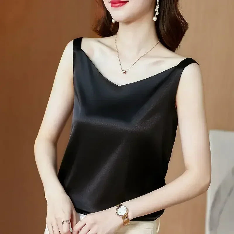 Shiny Silk Tank Top – Sleeveless, Harajuku Style, Elegant & Luxe - D&M Boutique