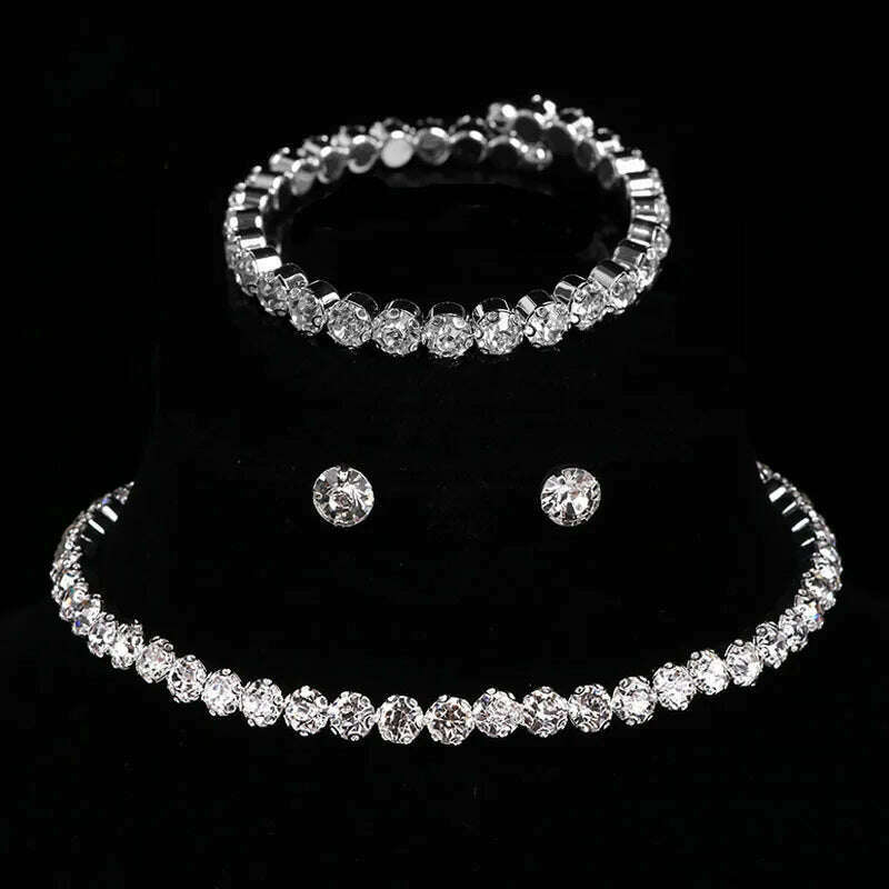 Luxury Round Crystal Jewelry Set for Women Charm Silver Color Bracelet Stud Earring Zircon Chain Necklace Wedding Party Jewelry
