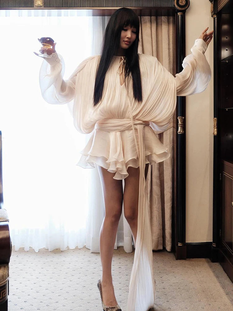 VGH Minimalist Solid Loose Short Dresses For Women Round Neck Long Sleeve High Waist Spliced Lace Up Chic Dress Female Fashion